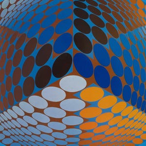 May include: Abstract geometric artwork featuring a three-dimensional cube illusion. The cube is composed of overlapping oval shapes in shades of orange, brown, blue, and white against a bright blue background. The artwork creates a sense of depth and movement.