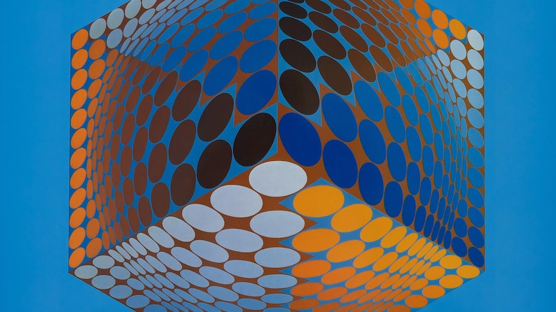 May include: Abstract geometric artwork featuring a three-dimensional cube illusion. The cube is composed of overlapping oval shapes in shades of orange, brown, blue, and white against a bright blue background. The artwork creates a sense of depth and movement.