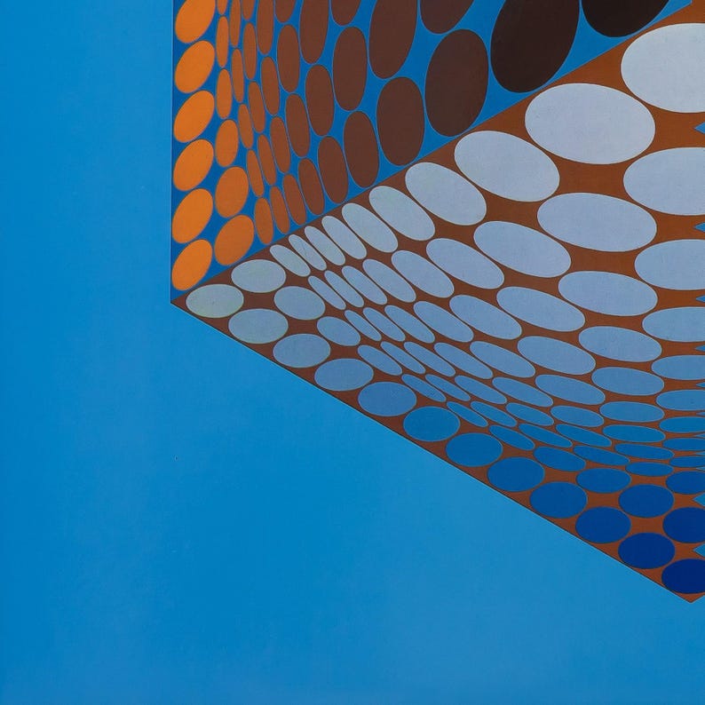 May include: Abstract geometric artwork featuring a blue background with a three-dimensional shape. The shape is covered in rows of orange, brown, and blue ovals. The artwork has a modern, minimalist style.