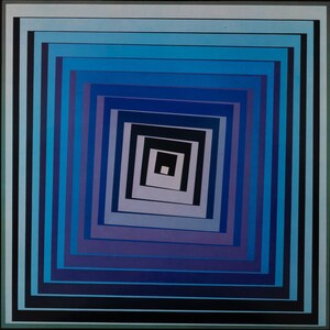 May include: Abstract geometric artwork featuring concentric squares in shades of blue, purple, and black. The design creates a visual tunnel effect, with a square within a square, receding into the center.