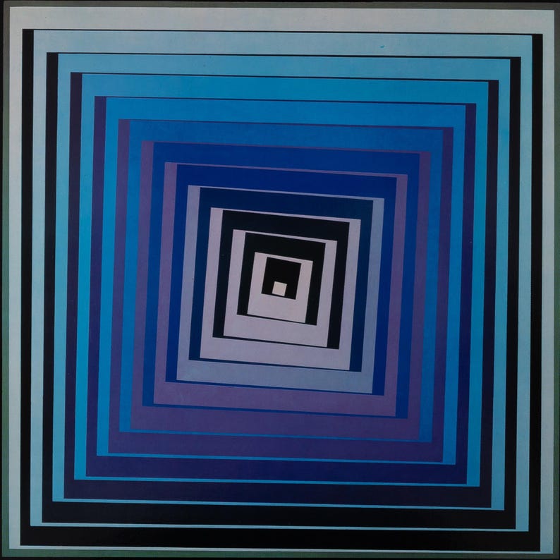 May include: Abstract geometric artwork featuring concentric squares in shades of blue, purple, and black. The design creates a visual tunnel effect, with a square within a square, receding into the center.