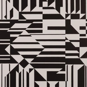 Puede incluir: Obra de arte geom&eacute;trica abstracta en blanco y negro. El dise&ntilde;o presenta un patr&oacute;n repetitivo de formas, incluyendo rect&aacute;ngulos, tri&aacute;ngulos y l&iacute;neas. Los colores contrastantes crean una est&eacute;tica audaz y moderna. Adecuado para diversas aplicaciones decorativas.