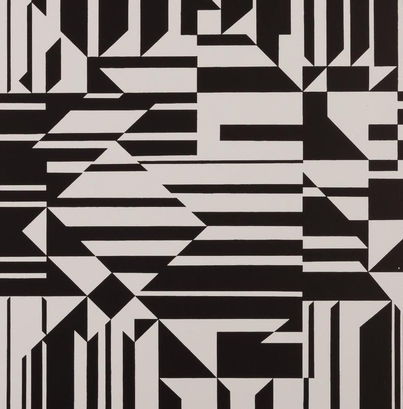 Puede incluir: Obra de arte geom&eacute;trica abstracta en blanco y negro. El dise&ntilde;o presenta un patr&oacute;n repetitivo de formas, incluyendo rect&aacute;ngulos, tri&aacute;ngulos y l&iacute;neas. Los colores contrastantes crean una est&eacute;tica audaz y moderna. Adecuado para diversas aplicaciones decorativas.