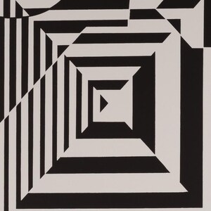 Puede incluir: Obra de arte geom&eacute;trica abstracta en blanco y negro. El dise&ntilde;o presenta una serie de cuadrados y rect&aacute;ngulos anidados, creando una sensaci&oacute;n de profundidad y perspectiva. Las l&iacute;neas diagonales y las rayas se suman a la composici&oacute;n din&aacute;mica.