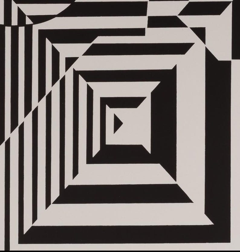 Puede incluir: Obra de arte geom&eacute;trica abstracta en blanco y negro. El dise&ntilde;o presenta una serie de cuadrados y rect&aacute;ngulos anidados, creando una sensaci&oacute;n de profundidad y perspectiva. Las l&iacute;neas diagonales y las rayas se suman a la composici&oacute;n din&aacute;mica.