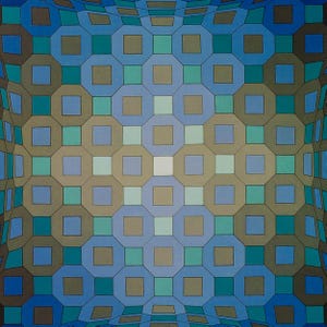 K&ouml;nnte beinhalten: Abstrakte geometrische Kunst mit einem sich wiederholenden Muster aus Achtecken und Quadraten. Die Farbpalette umfasst Blau-, T&uuml;rkis- und Braunt&ouml;ne, die ein Gef&uuml;hl von Tiefe erzeugen. Das Kunstwerk hat eine gekr&uuml;mmte Perspektive.
