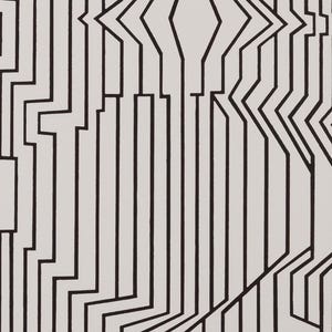 May include: Abstract black and white geometric pattern. The design features a series of interconnected lines and shapes, creating a modern and dynamic visual effect. The contrast between the black lines and the white background gives the pattern a bold and striking appearance.