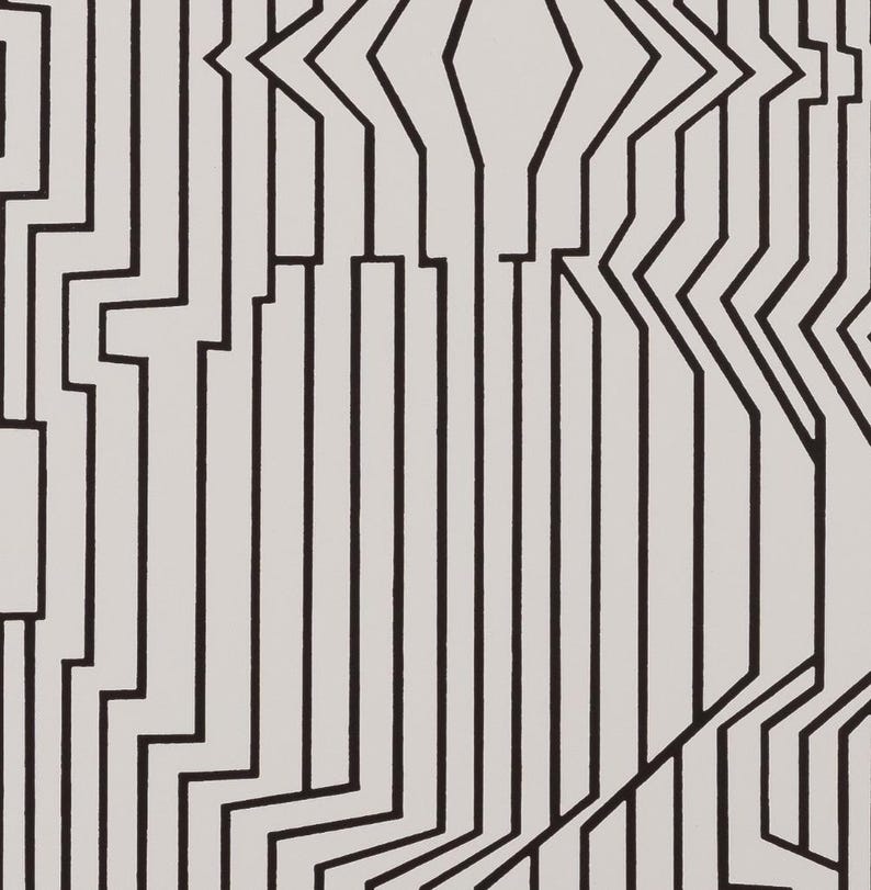 May include: Abstract black and white geometric pattern. The design features a series of interconnected lines and shapes, creating a modern and dynamic visual effect. The contrast between the black lines and the white background gives the pattern a bold and striking appearance.