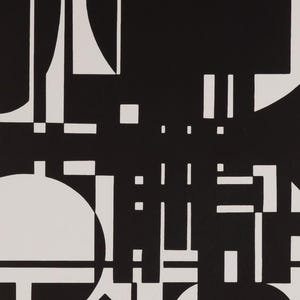 May include: Abstract black and white geometric art print. The artwork features a complex arrangement of shapes, including rectangles, squares, and curved forms. The design is a study in contrasts, with solid black shapes against a white background.