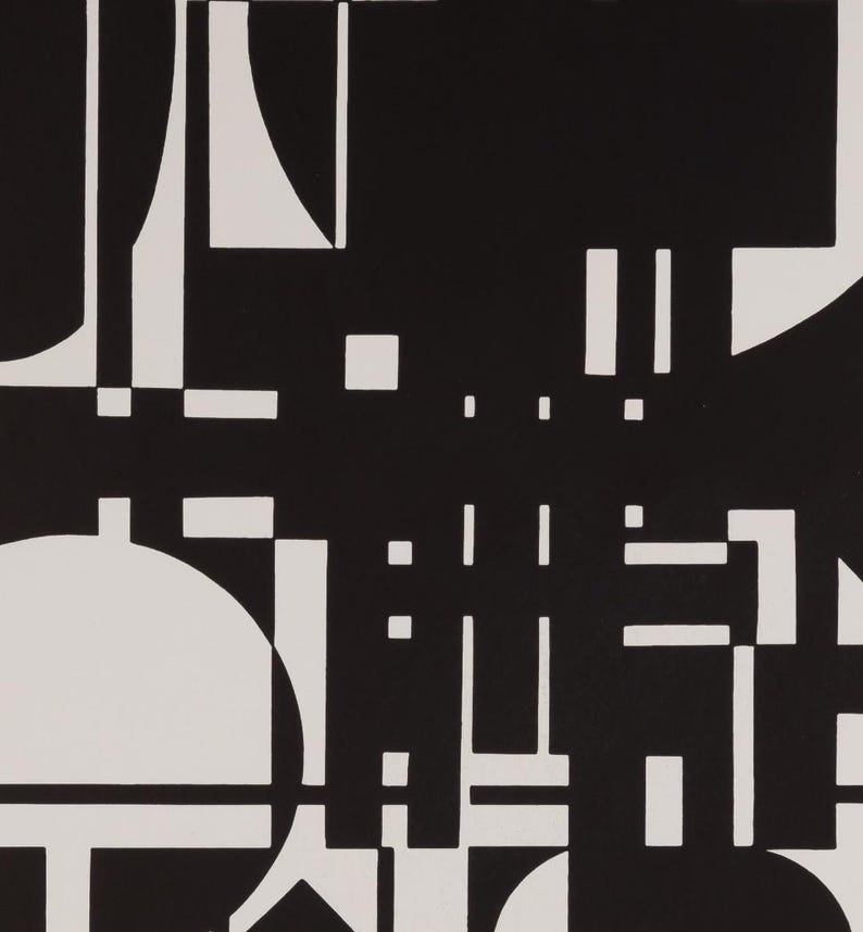 May include: Abstract black and white geometric art print. The artwork features a complex arrangement of shapes, including rectangles, squares, and curved forms. The design is a study in contrasts, with solid black shapes against a white background.