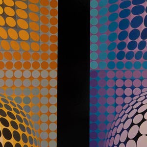 Puede incluir: Dos obras de arte abstractas. Una presenta un degradado de puntos amarillos, naranjas y grises que forman una forma esf&eacute;rica. La otra obra de arte utiliza puntos azules, morados y blancos para crear un dise&ntilde;o esf&eacute;rico similar.