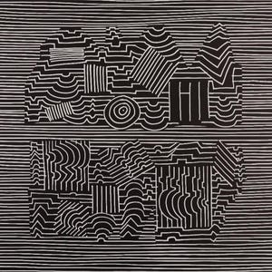 May include: Black and white abstract art print. The artwork features geometric shapes and patterns created with white lines on a black background. The design includes a variety of shapes, including rectangles, circles, and curved lines, creating a dynamic composition.
