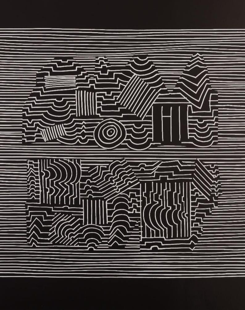 May include: Black and white abstract art print. The artwork features geometric shapes and patterns created with white lines on a black background. The design includes a variety of shapes, including rectangles, circles, and curved lines, creating a dynamic composition.