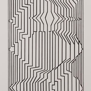 May include: Abstract black and white artwork featuring a geometric design. The image showcases a series of vertical and angled lines, creating a sense of depth and movement. The artwork is a study in contrasts and shapes.