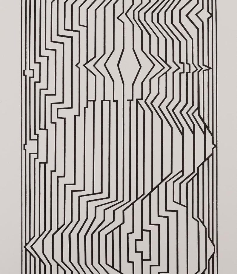 May include: Abstract black and white artwork featuring a geometric design. The image showcases a series of vertical and angled lines, creating a sense of depth and movement. The artwork is a study in contrasts and shapes.