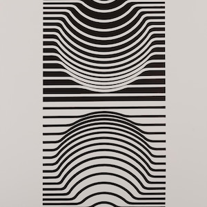 Peut inclure: Impression d'art abstrait en noir et blanc. L'œuvre présente deux formes courbes en trois dimensions créées avec des lignes horizontales. Le design est minimaliste, avec un fort contraste entre les lignes noires et le fond blanc. Les formes semblent se bomber vers l'extérieur.
