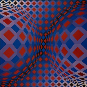 May include: Abstract geometric artwork featuring a repeating pattern of red diamonds within blue and purple diamond shapes. The design creates a three-dimensional effect with a wavy, distorted appearance. The background is a deep blue.