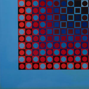 K&ouml;nnte beinhalten: Abstrakte geometrische Kunst mit einem Muster aus roten, blauen und schwarzen Formen. Das Design umfasst Kreise und Quadrate, die in einem Raster auf einem hellblauen Hintergrund angeordnet sind. Das Kunstwerk hat eine moderne &Auml;sthetik.