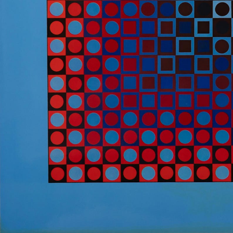 K&ouml;nnte beinhalten: Abstrakte geometrische Kunst mit einem Muster aus roten, blauen und schwarzen Formen. Das Design umfasst Kreise und Quadrate, die in einem Raster auf einem hellblauen Hintergrund angeordnet sind. Das Kunstwerk hat eine moderne &Auml;sthetik.