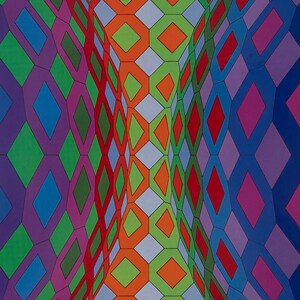 May include: Abstract geometric pattern featuring a repeating design of diamonds and hexagons in a variety of colors. The color palette includes shades of purple, green, orange, red, and blue, creating a visually dynamic and vibrant composition.