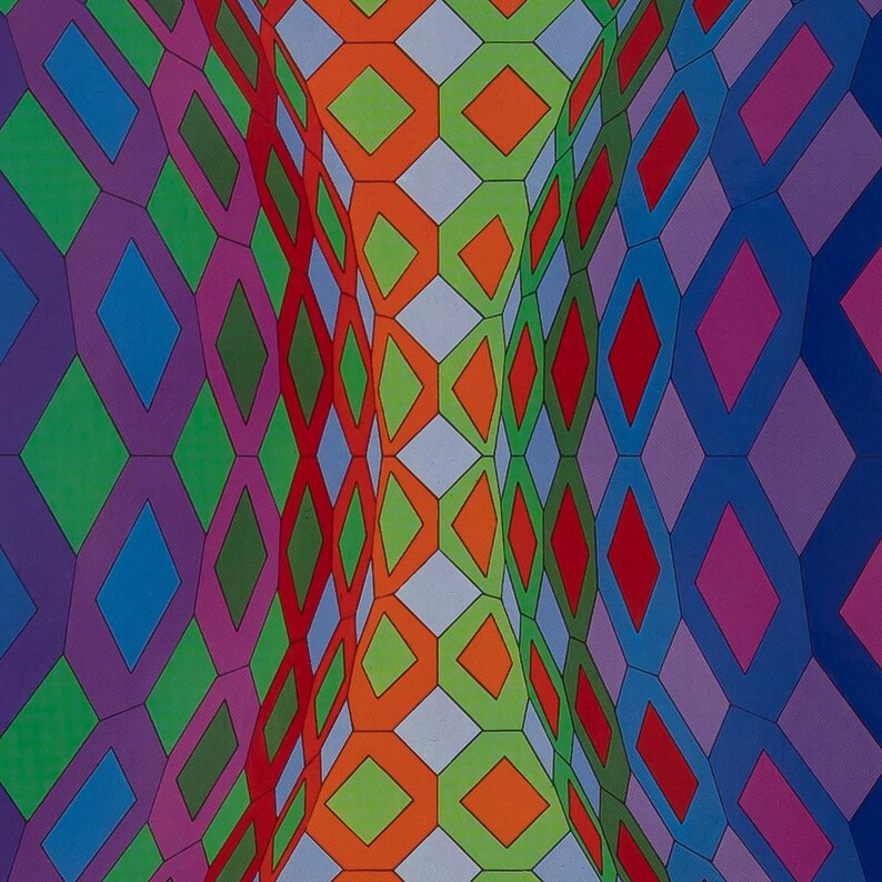 May include: Abstract geometric pattern featuring a repeating design of diamonds and hexagons in a variety of colors. The color palette includes shades of purple, green, orange, red, and blue, creating a visually dynamic and vibrant composition.