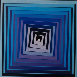 May include: Abstract geometric art print featuring concentric squares in shades of blue, purple, and black. The artwork creates a visual tunnel effect, with a dark background. The piece is framed with a white and black border.