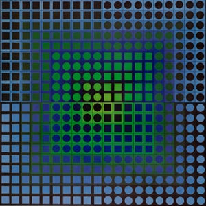 May include: Abstract geometric artwork featuring a square composition with concentric layers of shapes. The design incorporates squares and circles in shades of blue, green, and black, creating a visually dynamic pattern.