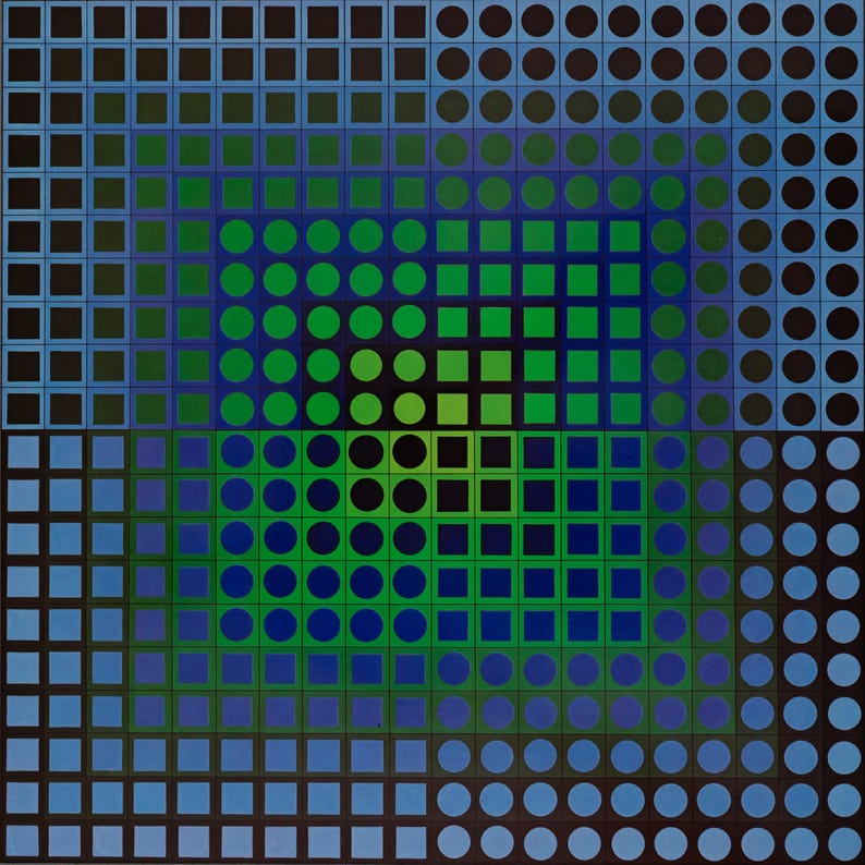 May include: Abstract geometric artwork featuring a square composition with concentric layers of shapes. The design incorporates squares and circles in shades of blue, green, and black, creating a visually dynamic pattern.