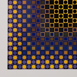 May include: Abstract geometric art print featuring a repeating pattern of circles and squares. The design incorporates a gradient of colors, including yellow, purple, blue, brown, and black. The artwork is a modern, colorful composition.