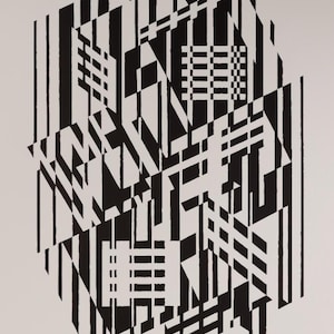 May include: Abstract black and white geometric art print. The artwork features a complex arrangement of lines, shapes, and patterns, creating a visually dynamic composition. The design incorporates vertical lines, angled shapes, and rectangular forms, all in contrasting black and white.