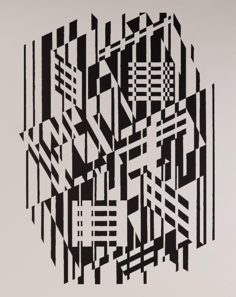 May include: Abstract black and white geometric art print. The artwork features a complex arrangement of lines, shapes, and patterns, creating a visually dynamic composition. The design incorporates vertical lines, angled shapes, and rectangular forms, all in contrasting black and white.