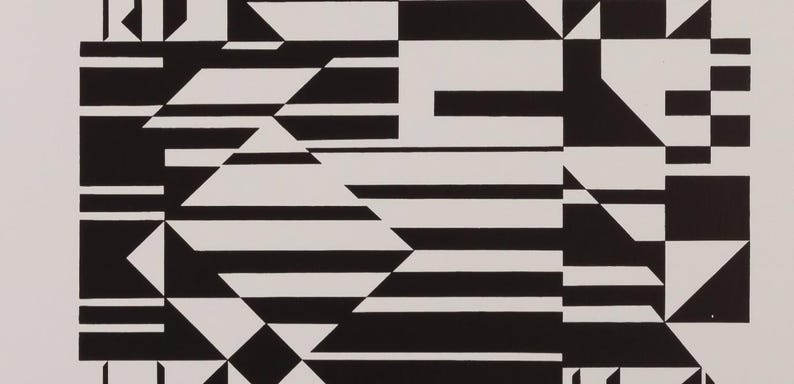Puede incluir: Dise&ntilde;o geom&eacute;trico abstracto en blanco y negro. La obra de arte presenta un patr&oacute;n repetitivo de formas, incluyendo rect&aacute;ngulos, tri&aacute;ngulos y l&iacute;neas diagonales. Las formas est&aacute;n dispuestas en una composici&oacute;n sim&eacute;trica, creando un contraste visual llamativo.
