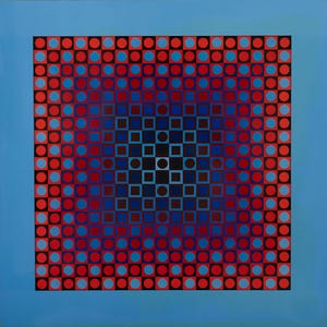 K&ouml;nnte beinhalten: Abstrakte geometrische Kunst mit blauem Rand. Das zentrale Design zeigt ein Muster aus roten, schwarzen und blauen Kreisen und Quadraten, das einen Farbverlauf erzeugt. Quadratische Komposition.