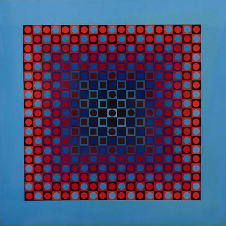 K&ouml;nnte beinhalten: Abstrakte geometrische Kunst mit blauem Rand. Das zentrale Design zeigt ein Muster aus roten, schwarzen und blauen Kreisen und Quadraten, das einen Farbverlauf erzeugt. Quadratische Komposition.