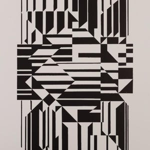Puede incluir: Impresi&oacute;n art&iacute;stica geom&eacute;trica abstracta en blanco y negro. La obra de arte presenta una compleja disposici&oacute;n de formas, incluyendo rect&aacute;ngulos, tri&aacute;ngulos y l&iacute;neas, creando una composici&oacute;n din&aacute;mica y visualmente atractiva. El dise&ntilde;o est&aacute; sobre un fondo blanco.