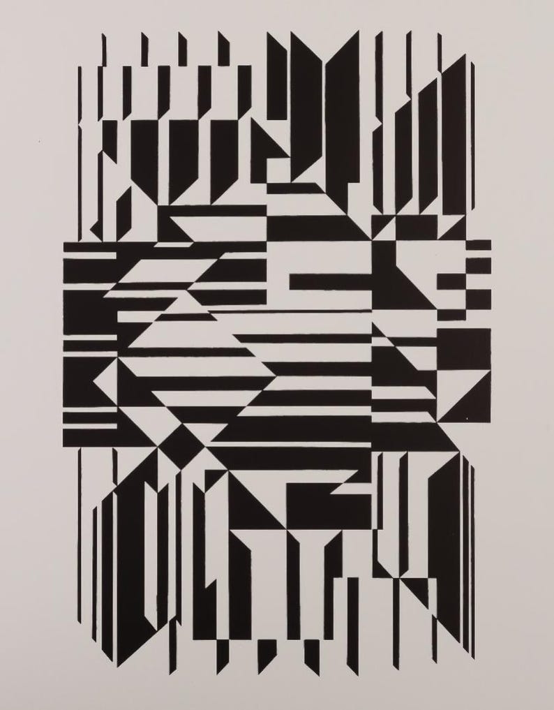 Puede incluir: Impresi&oacute;n art&iacute;stica geom&eacute;trica abstracta en blanco y negro. La obra de arte presenta una compleja disposici&oacute;n de formas, incluyendo rect&aacute;ngulos, tri&aacute;ngulos y l&iacute;neas, creando una composici&oacute;n din&aacute;mica y visualmente atractiva. El dise&ntilde;o est&aacute; sobre un fondo blanco.