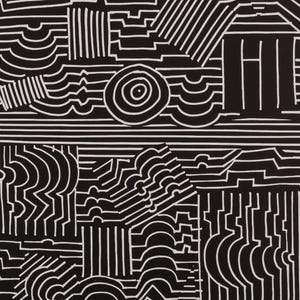 May include: Abstract black and white geometric pattern. The design features a variety of shapes, including lines, circles, and curved forms. The contrasting colors create a bold and striking visual effect, suitable for various applications.