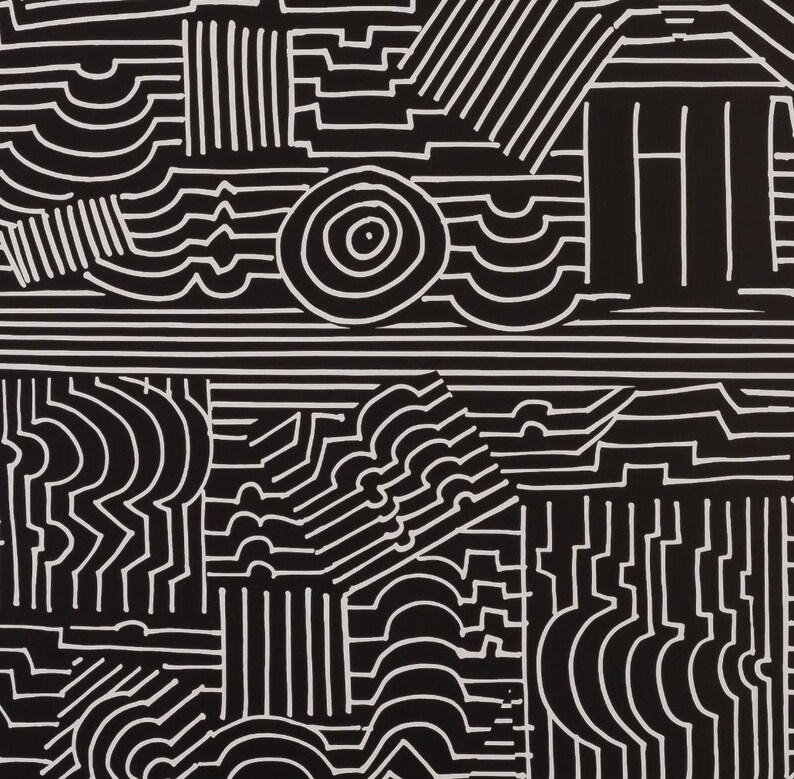 May include: Abstract black and white geometric pattern. The design features a variety of shapes, including lines, circles, and curved forms. The contrasting colors create a bold and striking visual effect, suitable for various applications.
