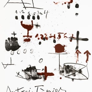 May include: Abstract artwork with black and brown ink on white paper. Features geometric shapes, numbers, and splatters. Includes the artist's name, dates, and gallery information in handwritten text.