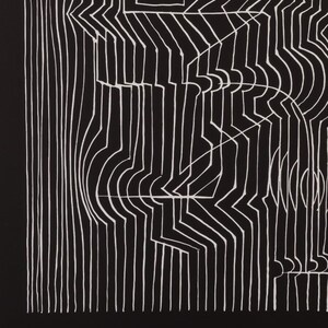 May include: Abstract black and white artwork featuring a pattern of vertical and curved white lines against a black background. The design creates an optical illusion of depth and movement, with geometric shapes and forms.