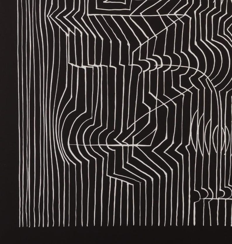 May include: Abstract black and white artwork featuring a pattern of vertical and curved white lines against a black background. The design creates an optical illusion of depth and movement, with geometric shapes and forms.
