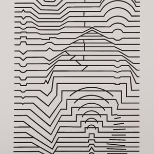 Könnte beinhalten: Abstrakte Schwarz-Weiß-Kunst mit horizontalen Linien, die geometrische Formen bilden. Das Design umfasst gebogene und eckige Elemente, die eine architektonische oder landschaftsähnliche Komposition bilden. Das Kunstwerk befindet sich auf weißem Hintergrund.