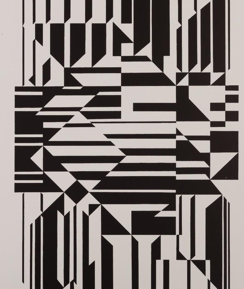 Puede incluir: Obra de arte geom&eacute;trica abstracta en blanco y negro. El dise&ntilde;o presenta una compleja disposici&oacute;n de formas, incluyendo rect&aacute;ngulos, tri&aacute;ngulos y l&iacute;neas. Los colores contrastantes crean un impacto visual audaz, adecuado para la decoraci&oacute;n moderna.