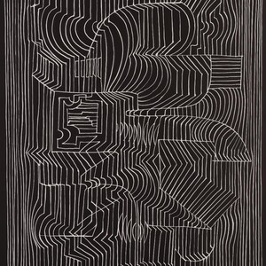May include: Abstract black and white artwork featuring a complex arrangement of geometric shapes and curved lines. The design includes rectangular and rounded forms, creating a dynamic visual texture. The artwork is a study in contrast and form.