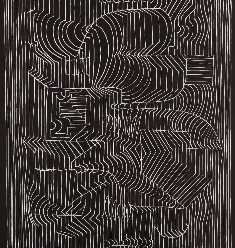 May include: Abstract black and white artwork featuring a complex arrangement of geometric shapes and curved lines. The design includes rectangular and rounded forms, creating a dynamic visual texture. The artwork is a study in contrast and form.