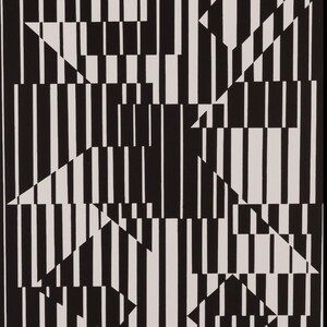 Peut inclure: Motif g&eacute;om&eacute;trique abstrait en noir et blanc. L'&oelig;uvre pr&eacute;sente un motif r&eacute;p&eacute;titif de rayures verticales et de formes triangulaires, cr&eacute;ant une composition dynamique et visuellement attrayante. Le contraste entre les &eacute;l&eacute;ments noirs et blancs ajoute de la profondeur.
