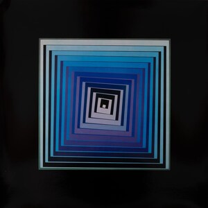 May include: Abstract art print featuring a series of nested squares in shades of blue, purple, and black, creating a visual illusion of depth. The artwork is framed with a white border and set against a black background.