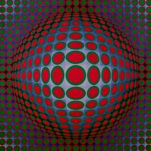 Könnte beinhalten: Abstrakte Kunst mit einer dreidimensionalen Kugel aus roten und grünen ovalen Formen. Die Kugel befindet sich vor einem blauen Hintergrund mit einem Raster aus grünen und roten Kreisen, wodurch eine optische Täuschung entsteht.