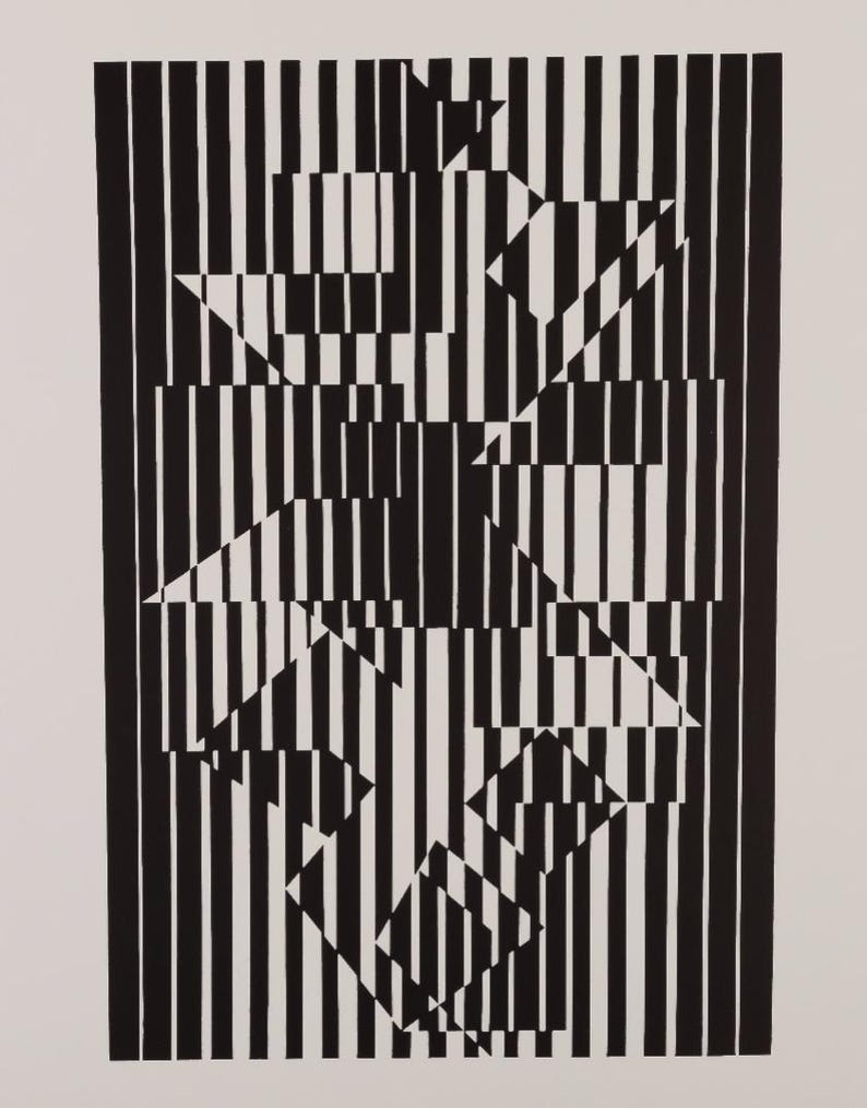 Peut inclure: Impression d'art abstrait en noir et blanc avec des formes g&eacute;om&eacute;triques et des lignes verticales. Le design comprend des triangles, des rectangles et des losanges, cr&eacute;ant une composition visuelle dynamique. L'&oelig;uvre est sur fond blanc.