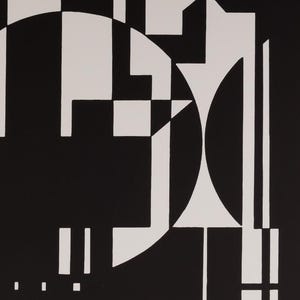 May include: Abstract black and white geometric artwork. The design features a combination of shapes, including squares, rectangles, and curved elements. The composition is a study in contrasts, with the stark black and white creating a bold visual impact.